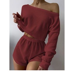 Shein Boat Neck Drop Shoulder Waffle Knit Lounge Set